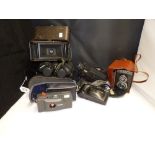 A PAIR OF MIRANDA 10X50 BINOCULARS AND CAMERAS, VARIOUS INCLUDING LUBITEL