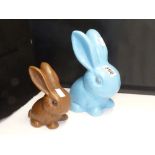 A LIGHT BLUE SYLVAC BUNNY 1027 AND A BROWN BUNNY (UNMARKED)