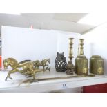 A PAIR OF BRASS CANDLESTICKS, TWO HARRODS BRASS STORAGE JARS A/F AND A SOLID BRASS MODEL OF DONALD
