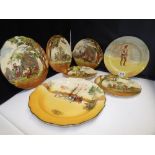 A ROYAL DOULTON COACHING SCENE PLATE AND SIX OTHER ROYAL DOULTON PLATES