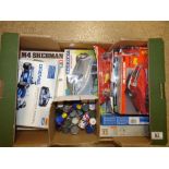 A NUMBER OF AIRFIX KITS INCLUDING VW BEETLE, DREMEL RACING CAR AND EUROFIGHTER TOGETHER WITH SOME