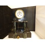 A LARGE VICTORIAN SLATE CLOCK MANTLE CLOCK WITH KEY AND PENDULUM