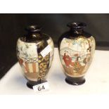 A PAIR OF EARLY 20TH CENTURY HAND PAINTED JAPANESE SATSUMA VASES 15CM HIGH, MARKS TO THE BASE