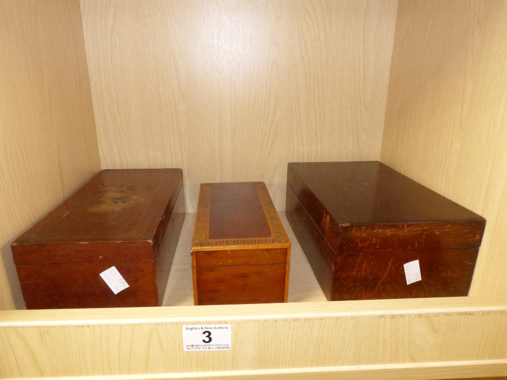 A YEW WOOD CIGARETTE BOX AND TWO OTHER BOXES