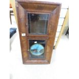 A MAHOGANY VENEER ANSONIA WALL CLOCK CASE WITH PAINTED GLASS PANEL AND TWO KEYS - NO CLOCK