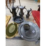 TWO PEWTER POSSIBLY ZINN DISHES BOTH MARKED, THREE PEWTER FLAGONS, A BRASS PLAQUE AND A NUMBER OF