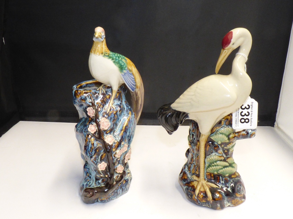 TWO 20TH CENTURY CHINESE GLAZED CERAMIC BIRD VASES, 26CM HIGH