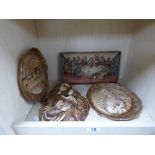 TWO WOOD, ONE RESIN AND ONE PLASTER PLAQUES WITH RELIGIOUS EMBOSSED SCENES INCLUDING THE LAST
