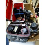 A QUANTITY OF CAMERAS AND EQUIPMENT INCLUDING A ????? CAMERA, PENTAX ZOOM LENSE, OPTOMAX LENSE,