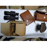 A GENTS HIDE WALLET, A PAIR OF BINOCULARS 5 X 50 AND A GAS MASK IN BOX