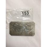 A WHITE METAL CHINESE PLAQUE OF RECTANGULAR FORM WITH ENGRAVED SCENE TO FRONT DEPICTING A DRAGON AND