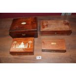 4 VINTAGE BOXES INCLUDING MINIATURE WRITING BOX AND 19TH CENTURY IVORY INLAID BOX