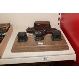 2 VINTAGE INK DESK STANDS ONE MARBLE WITH METAL DECORATION AND ONE MADE FROM WOOD
