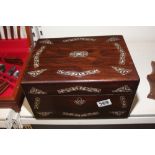 WOODEN WORKBOX WITH MOTHER OF PEARL INLAID DECORATON CONTAINING VINTAGE SEWING ITEMS AND ACCESSORIES