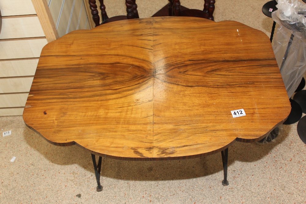 WALNUT VENEER TOPPED COFFEE TABLE WITH WROUGHT IRON LEGS