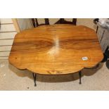WALNUT VENEER TOPPED COFFEE TABLE WITH WROUGHT IRON LEGS