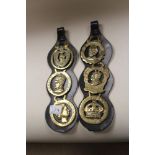 TWO ANTIQUE SETS OF HORSE BRASSES MOUNTED ON LEATHER COMMEMORATING THE CORONATIONS OF 1911 AND 1953