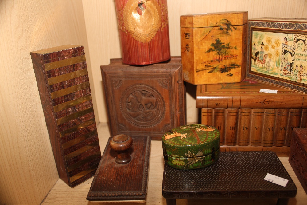 COLLECTION OF MAINLY BOXES, CARVED AND WITH MARQUETRY AND PAPIER MACHE ALSO VINTAGE BLOTTER - Image 2 of 3
