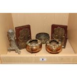 A NUMBER OF EASTERN BRASS AND COPPER ITEMS INCLUDING A BOWL OF CIRCULAR FORM, THE BODY DECORATED