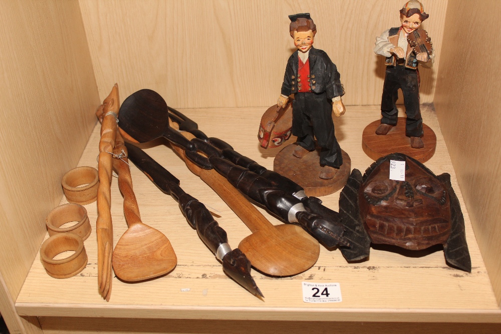 GROUP OF WOODEN ITEMS INCLUDING AFRICAN ART AND 2 AUSTRIAN FIGURES