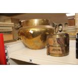 LARGE BRASS BOWL WITH A LATE VICTORIAN WOODEN COOPERED POT WITH BRASS ANIMAL DECORATION