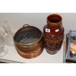 COPPER AND GREEN COAL BUCKET WITH A PRICE AND CO BROWN GLAZED VASE