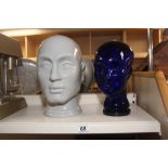 2 MODEL HEADS BLUE GLASS HEAD AND A CERAMIC HEAD