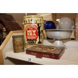 3 VINTAGE TINS WITH CHOCOLATE DISPLAY PEDESTAL BOWL