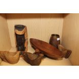 COLLECTION OF AFRICAN AND INDIAN ART ITEMS INCLUDING A CARVED POT WITH COPPER/BRASS INSERT AND