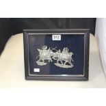 AN UNUSUAL FRAMED AND GLAZED ASIAN “HAND CRAFTED KING’S PEWTER” PLAQUE DEPICTING MILITARY PERSONAL