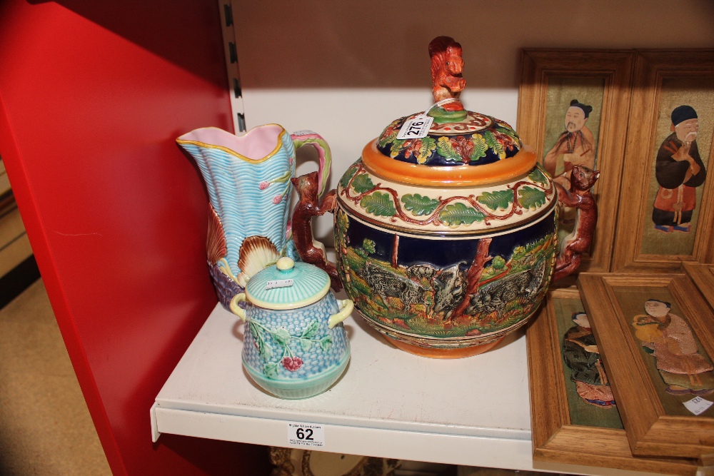 GERZ WEST GERMAN SOUP TUREEN WITH A MAJOLICA SHELL SHAPED JUG MARKED JJ AND A SMALL LIDDED POT