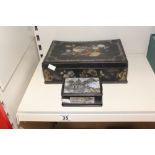 2 BLACK LACQUERED BOXES WITH MOTHER IN PEARL DECORATION BOTH A/F