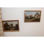 PAIR OF VICTORIAN OILS ON PANEL LANDSCAPES WITH FIGURES 24X36CMS