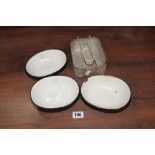 WW2 ITEMS 3 ENAMEL BOWLS AND 2 FOOD DISHES