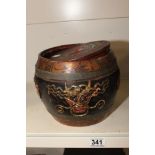 AN ANTIQUE COOPERED HARDWARE POT WITH EASTERN CARVED DRAGON AND OTHER DECORATION 20CM BY 20CM A/F