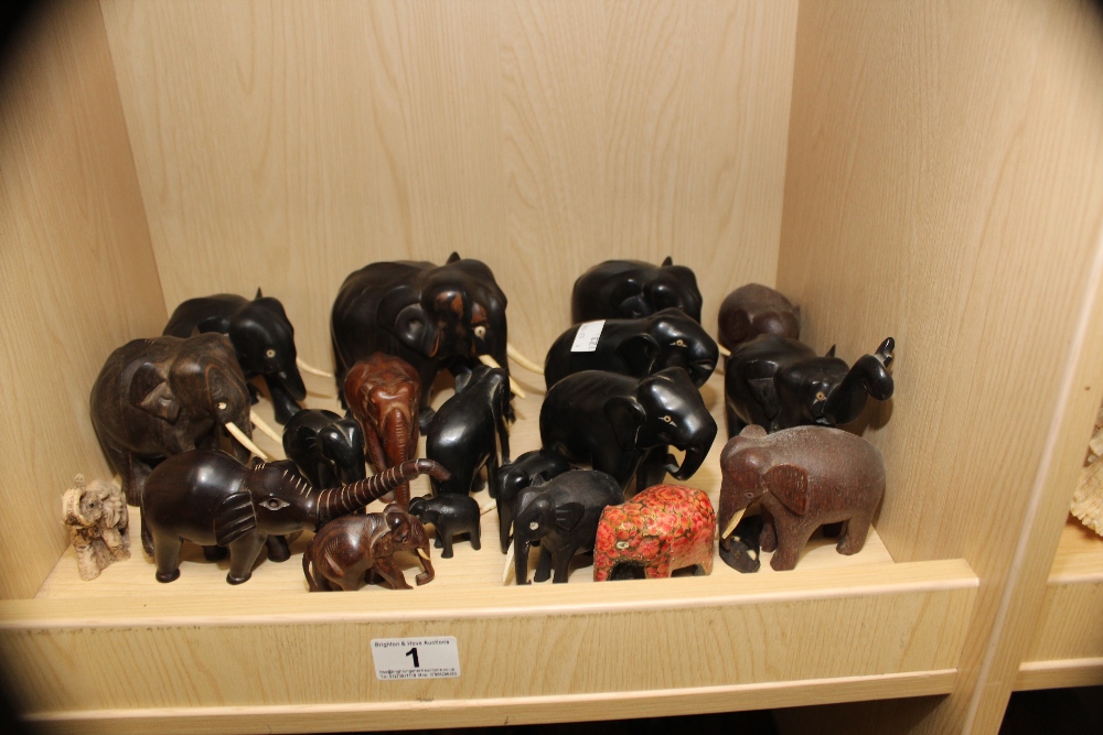 COLLECTION OF MAINLY EBONISED ELEPHANTS, SOME A/F