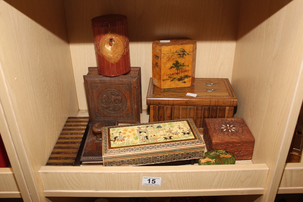 COLLECTION OF MAINLY BOXES, CARVED AND WITH MARQUETRY AND PAPIER MACHE ALSO VINTAGE BLOTTER