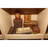 COLLECTION OF MAINLY BOXES, CARVED AND WITH MARQUETRY AND PAPIER MACHE ALSO VINTAGE BLOTTER