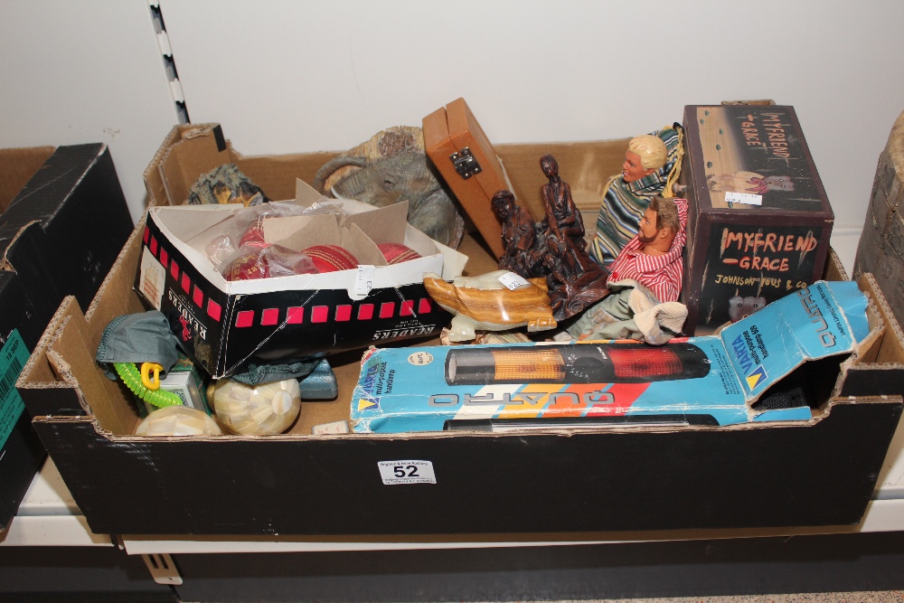 BOX OF MIXED ITEMS INCLUDING CRICKET BALLS AND VINTAGE SAW