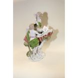 A 20TH CENTURY PORCELAIN CENTREPIECE DEPICTING TWO FIGURES PERCHED ON A CLAM SHELL, 30CMS