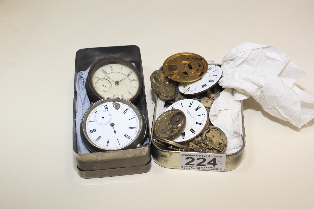 ASSORTMENT OF VARIOUS POCKET WATCH PARTS, COMPRISING MOVEMENTS IN VARIOUS CONDITION, ENAMEL DIALS