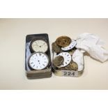 ASSORTMENT OF VARIOUS POCKET WATCH PARTS, COMPRISING MOVEMENTS IN VARIOUS CONDITION, ENAMEL DIALS