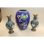 A PAIR OF CLOISONNE ENAMEL VASES TOGETHER WITH A LARGER EXAMPLE 25CM HIGH, EACH DEPICTING FLORAL