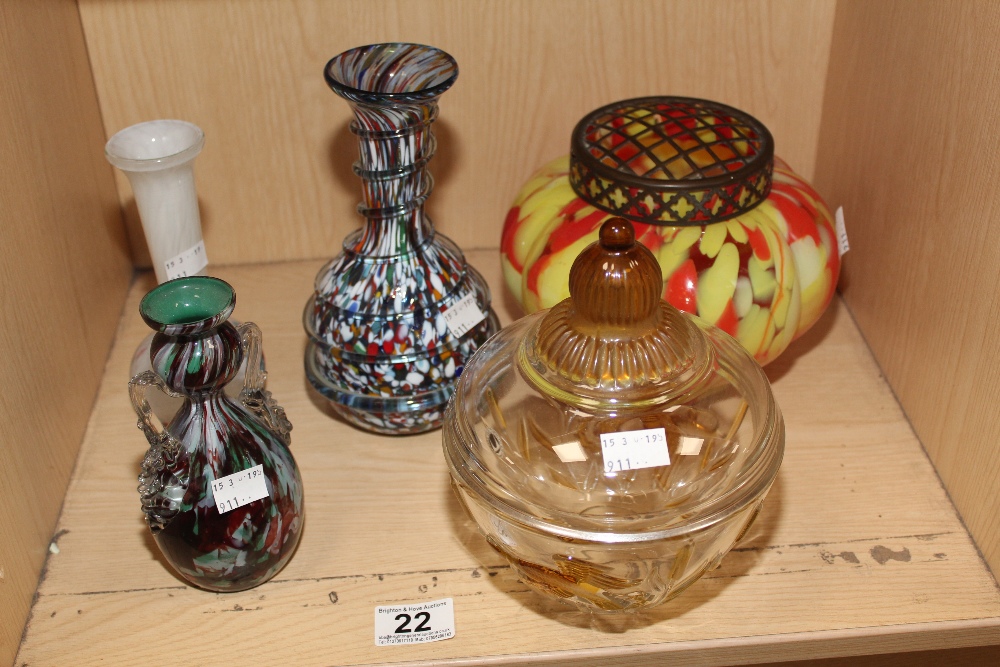 3 PIECES OF ART GLASS INCLUDING WALTHERGLAS LIDDED JAR AND A 1950'S FLOWER VASE