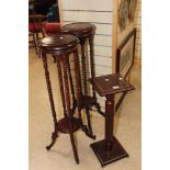 PAIR OF EARLY BARLEY TWIST PLANT STANDS IN MAHOGANY + ONE OTHER