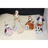 TWO COALPORT PORCELAIN FIGURES OF LADIES, TOGETHER WITH A PARAGON AND SPODE FIGURE