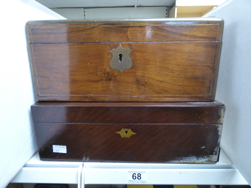 A LATE VICTORIAN WOODEN BOX, BRASS PLAQUE ON LID INSCRIBED DECEMBER 1883, TOGETHER WITH A LATER