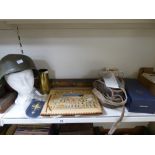 COLLECTION OF ASSORTED ITEMS, MOST MILITARY RELATED, INCLUDING HELMET, SHELL CASE, BADGES AND MORE