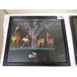 TWO 20TH CENTURY SIGNED AFRICAN OIL PAINTINGS ON THE THEME OF HUNTING, FISHING AND SHOOTING, BOTH