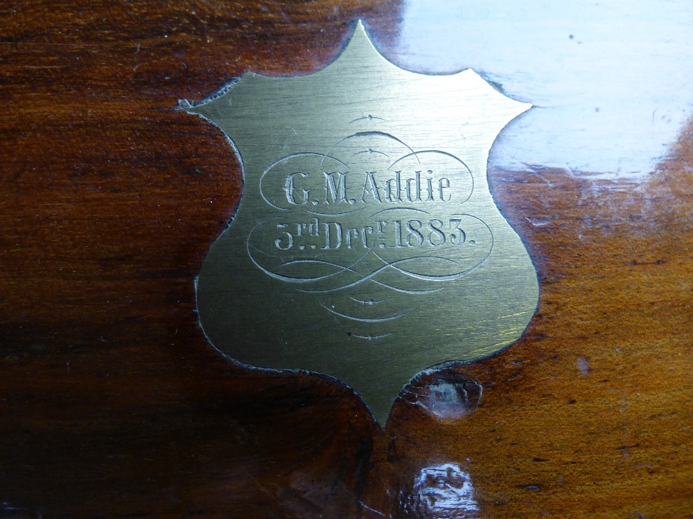 A LATE VICTORIAN WOODEN BOX, BRASS PLAQUE ON LID INSCRIBED DECEMBER 1883, TOGETHER WITH A LATER - Image 6 of 6